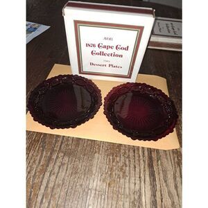 Vintage Avon 1876 Cape Cod Ruby Red Cranberry Pressed Glass Dessert Plates Set